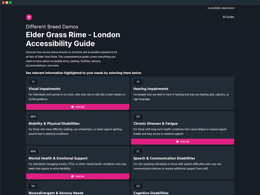 A screenshot of the filtering options for the Elder Grass Rime Accessibility Guide. Filters include categories such as Visual Impairments, Mobility & Physical Disabilities, Chronic Illnesses & Fatigue, Mental Health & Emotional Support, Neurodivergent & Sensory Needs, and Cognitive Disabilities. Each category has a brief description and a selectable "Selected" status.